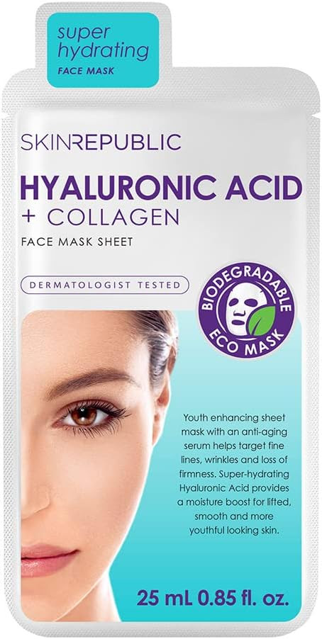 Skin Republic Hyaluronic Acid & Collagen Face Mask, For Younger Looking Skin, Helps with Fine Lines and Wrinkles, Long Lasting Hydration, 25ml TRIO