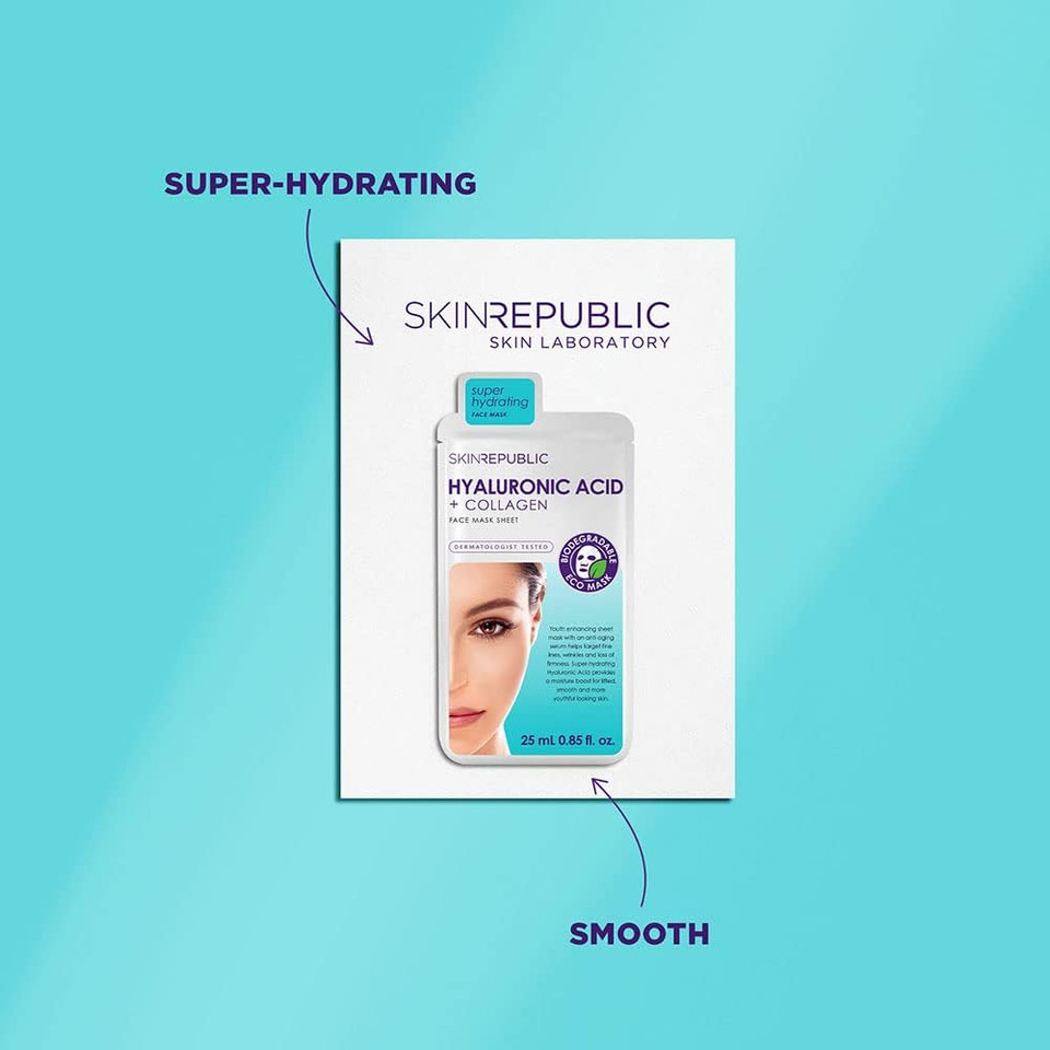 Skin Republic Hyaluronic Acid & Collagen Face Mask, For Younger Looking Skin, Helps with Fine Lines and Wrinkles, Long Lasting Hydration, 25ml TRIO