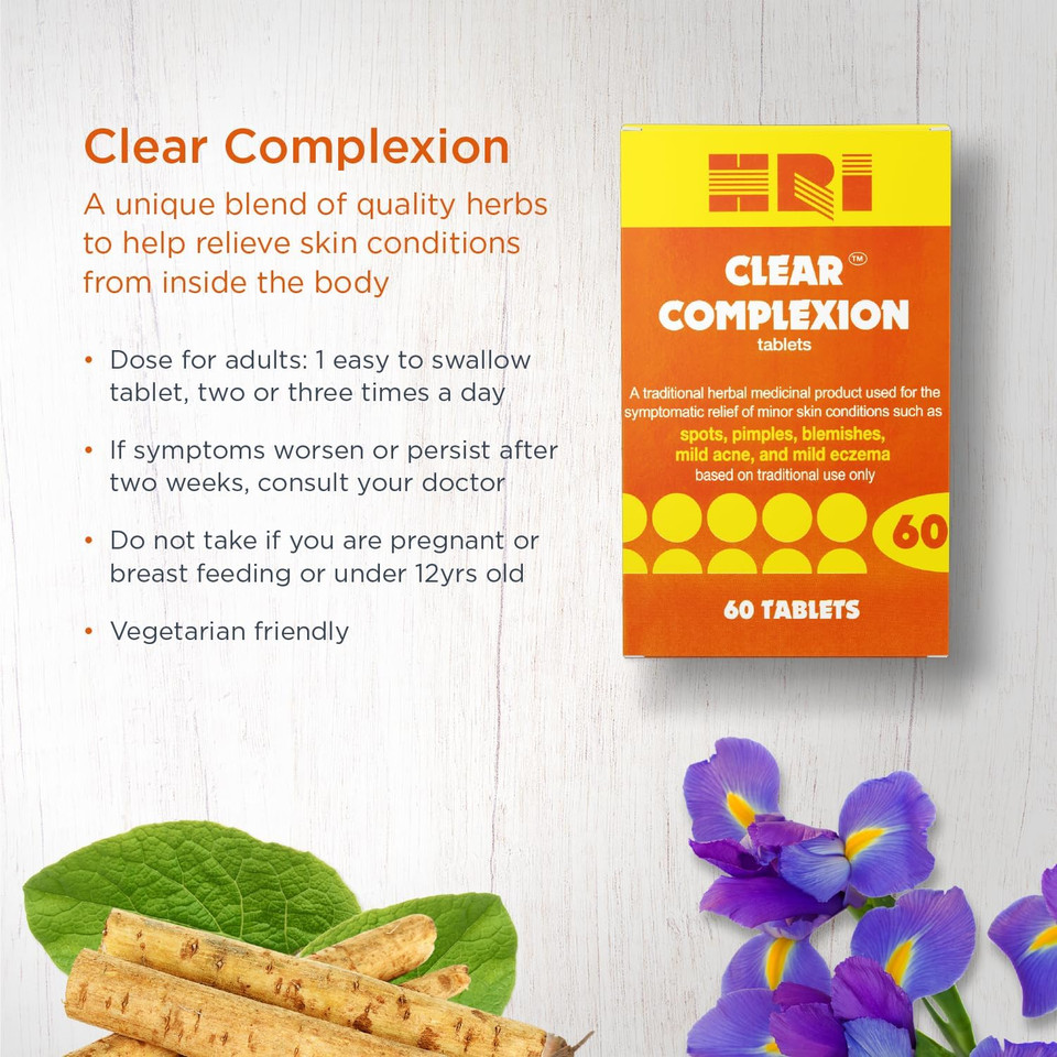 HRI Clear Complexion Tablets. Natural Active Herbs to Relieve Mild Skin Conditions - Mild Acne, Spots, Pimples, Blemishes. 2 Packs - 120 Tablets