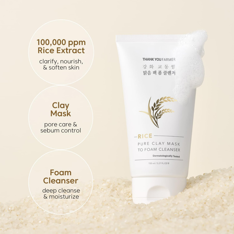 THANKYOU FARMER Rice Pure Clay Mask To Foam Cleanser 5.27 Fl Oz (150ml) - Korean Clay Mask | Foaming Facial Cleanser | Rice Mask Korean | Foam Cleanser | Cleanser Mask | Foaming Cleanser