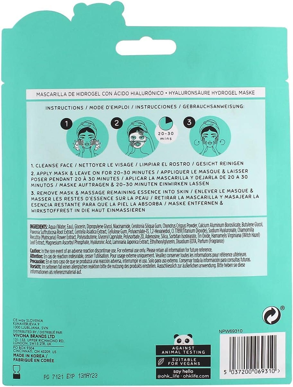 Oh K! Aloe Vera Hydrogel Sheet Mask, Cooling and Refreshing, Vegan and Cruelty Free, 43g