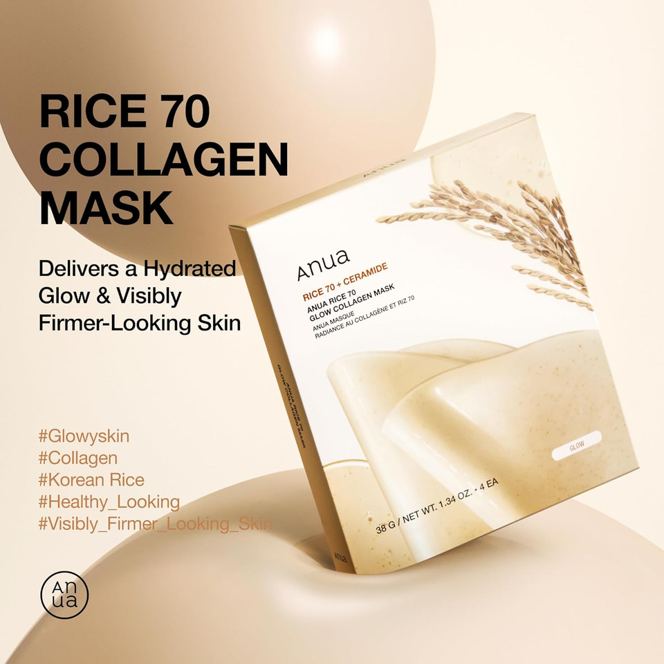 ANUA Rice 70 Glow Collagen Mask, Overnight Face Mask for Glass Skin, Ceramide, Collagen Facial Mask, Skin Moisture Barrier, Tightening Care, Natural Color, Korean Skin Care, 38g/4ea