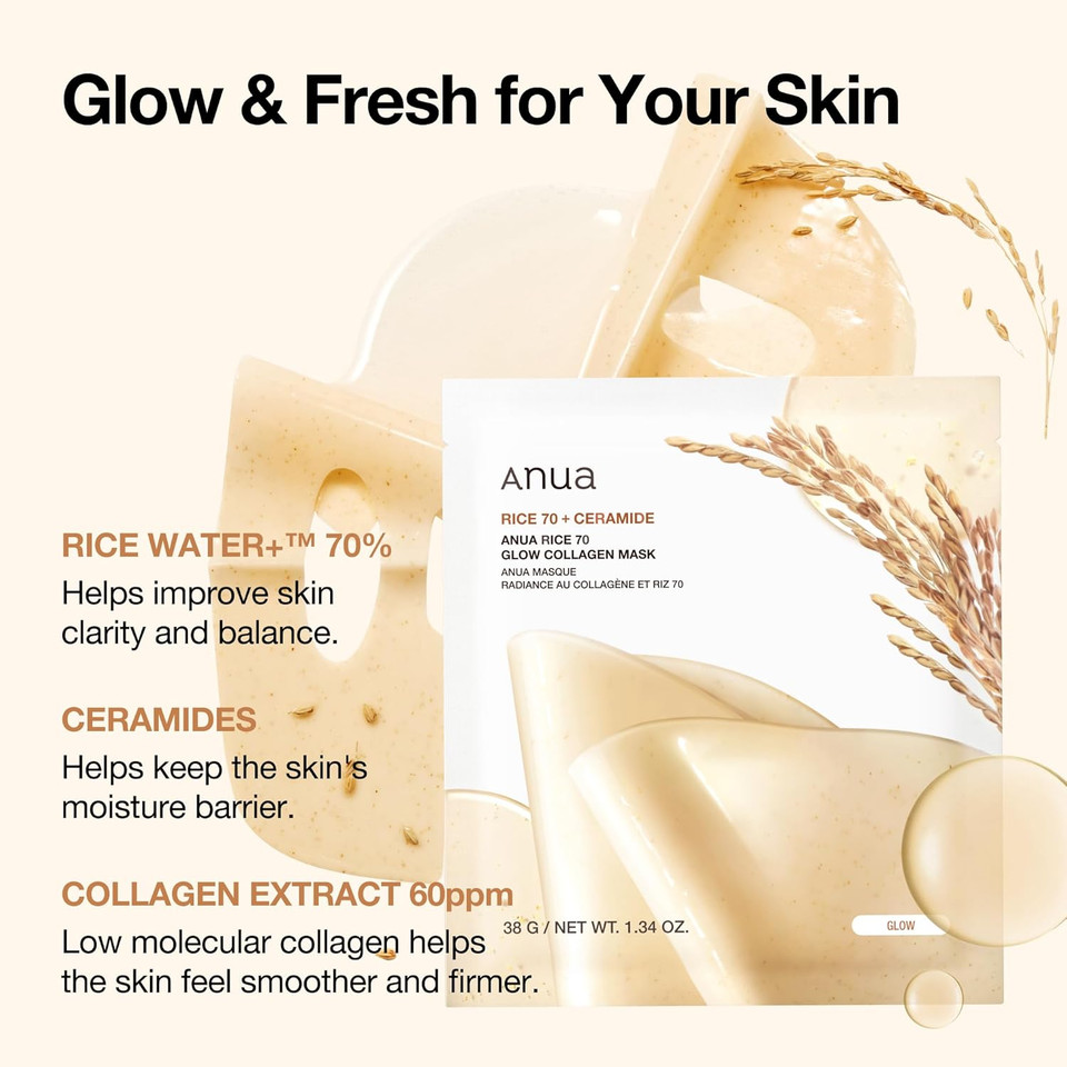 ANUA Rice 70 Glow Collagen Mask, Overnight Face Mask for Glass Skin, Ceramide, Collagen Facial Mask, Skin Moisture Barrier, Tightening Care, Natural Color, Korean Skin Care, 38g/4ea
