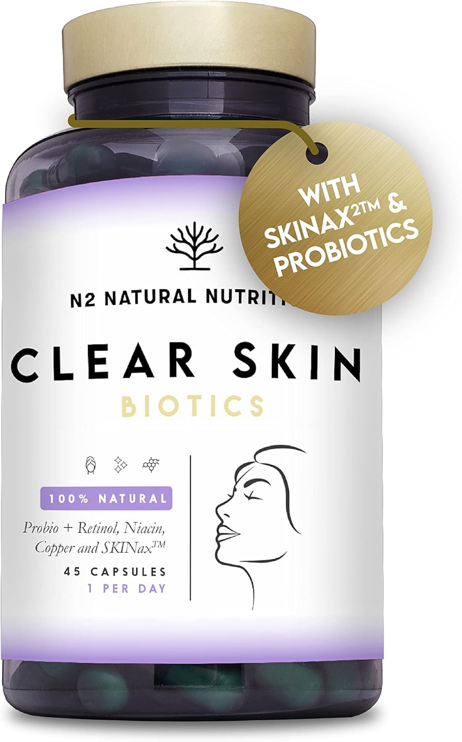 Probiotics for a Healthy Skin. Reduces Spots & Imperfections. Anti Acne effect. Improves Elasticity, Firmness & Luminosity. With SKINAX², Zinc & Vitamins. 45 capsules. CE. Vegan. N2 Natural Nutrition