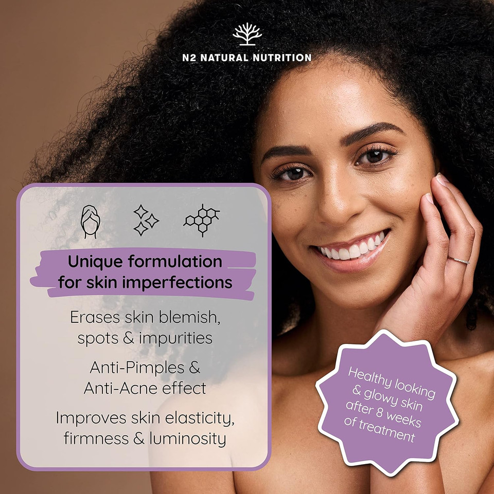 Probiotics for a Healthy Skin. Reduces Spots & Imperfections. Anti Acne effect. Improves Elasticity, Firmness & Luminosity. With SKINAX², Zinc & Vitamins. 45 capsules. CE. Vegan. N2 Natural Nutrition