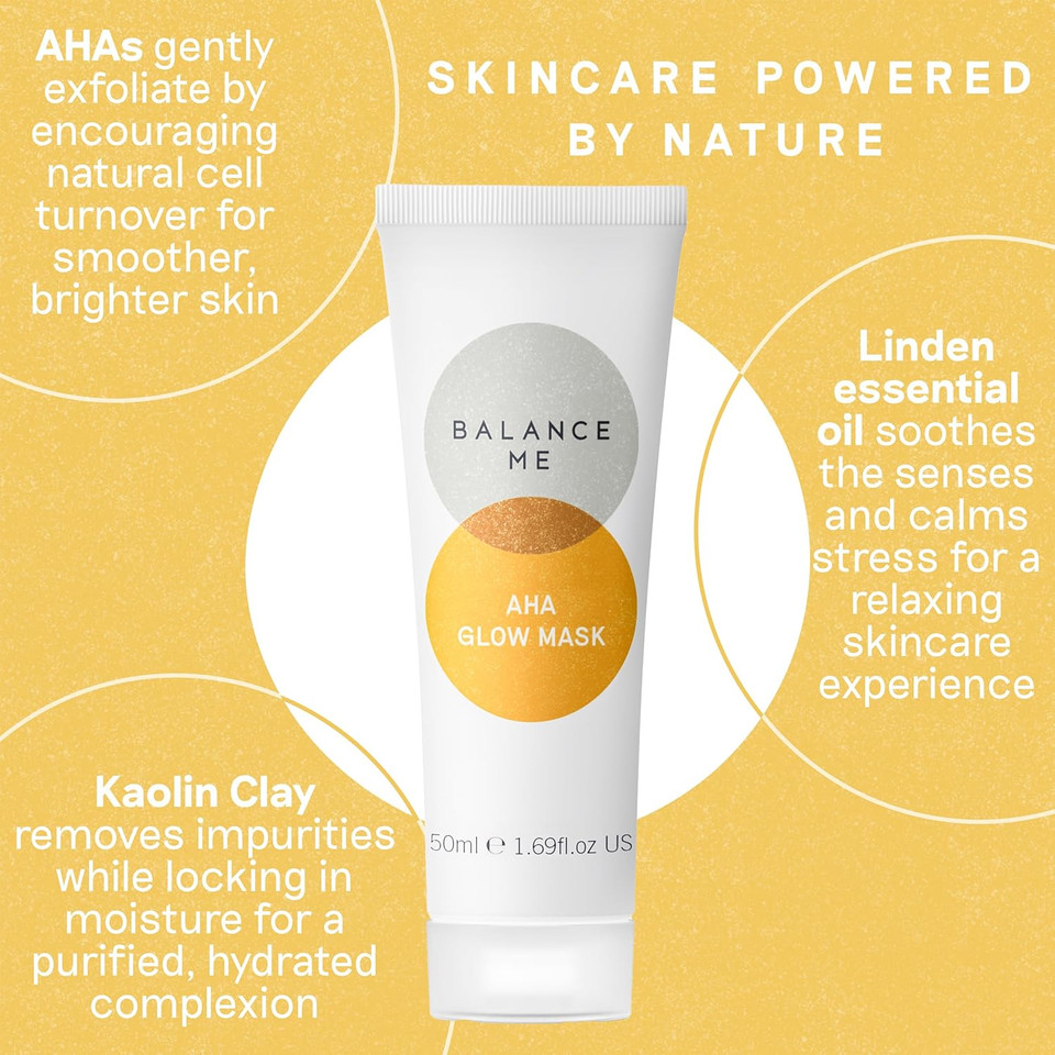 Balance Me AHA Glow Face Mask 50ml, With Glycolic Acid, Brightening & Purifying Clay Mask, Triple-Action Exfoliation, Anti-Aging, Radiant Skin