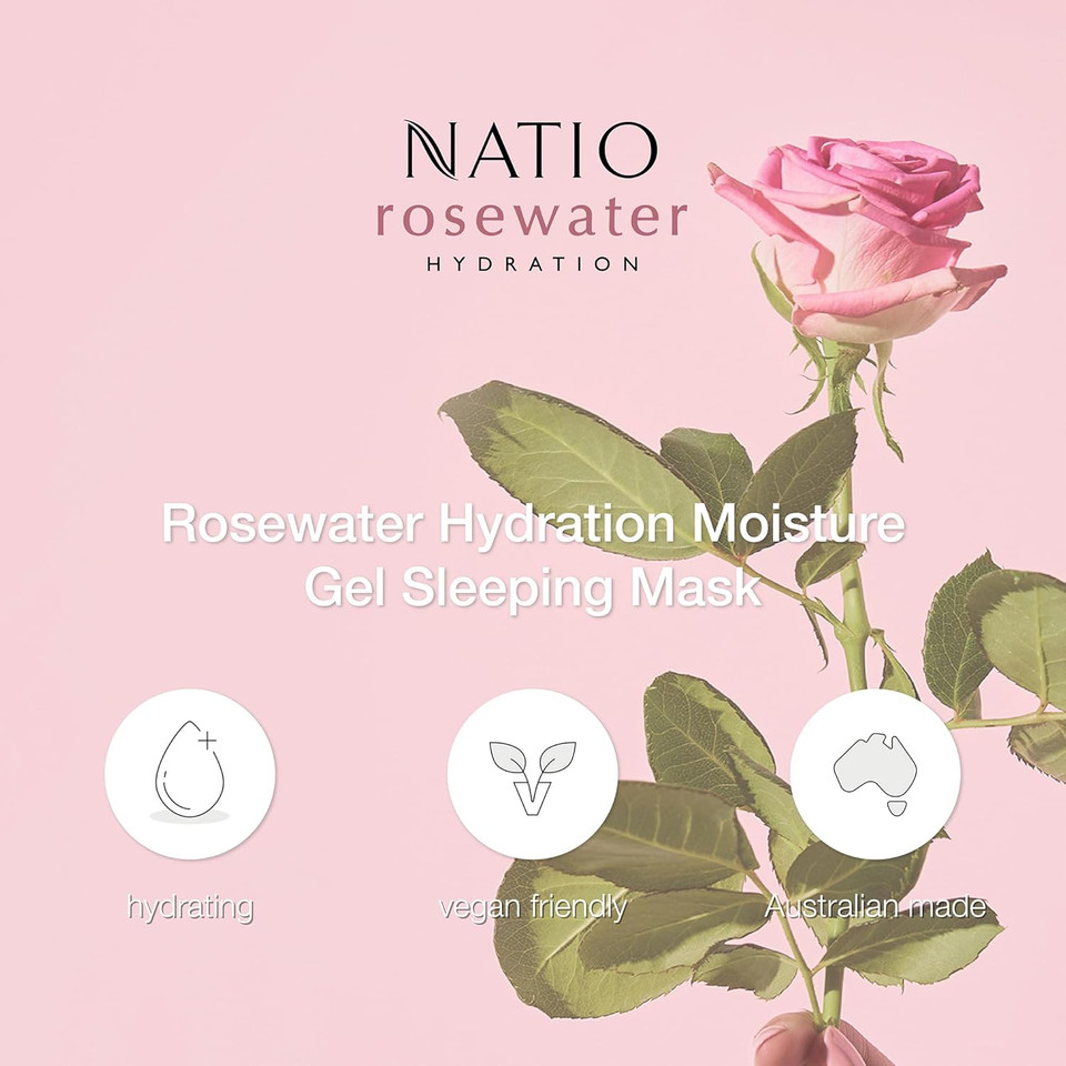 Natio Australia Rosewater Hydration Moisture Gel Sleeping Mask, 100 g - Nighttime Rosewater Face Cream - Face Moisturiser for Overnight Hydration Natio Australia Rosewater Hydration Moisture Gel Sleeping Mask, 100 g - Nighttime Rosewater Face Cream - Face Moisturiser for Overnight Hydration
