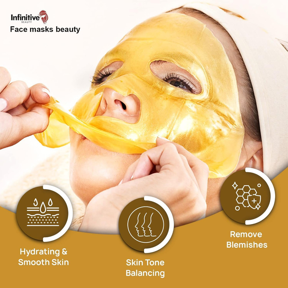 50 x Infinitive Beauty 24K Gold Collagen Crystal Face Mask  Anti-Aging Gel Sheet Mask for Wrinkles, Hydration, and Skin Firming, 10-Pack, Professional Facial Skincare Treatment