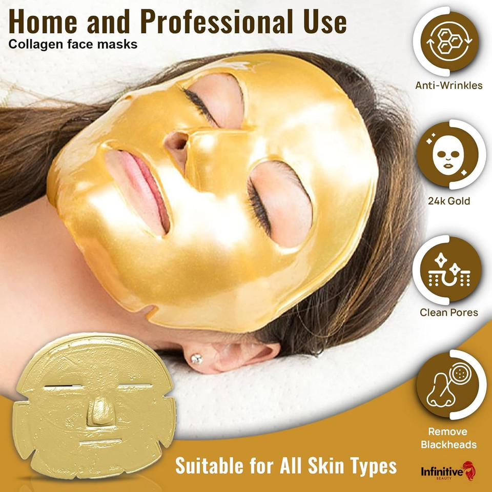 50 x Infinitive Beauty 24K Gold Collagen Crystal Face Mask  Anti-Aging Gel Sheet Mask for Wrinkles, Hydration, and Skin Firming, 10-Pack, Professional Facial Skincare Treatment