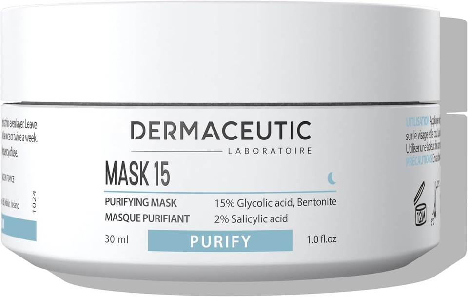 Dermaceutic Mask 15 - Oil and sebum control face mask - Glycolic Acid, Salicylic Acid and Bentonite clay mask - Deep skin pore cleansing - 30ml