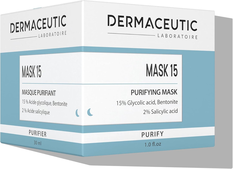 Dermaceutic Mask 15 - Oil and sebum control face mask - Glycolic Acid, Salicylic Acid and Bentonite clay mask - Deep skin pore cleansing - 30ml