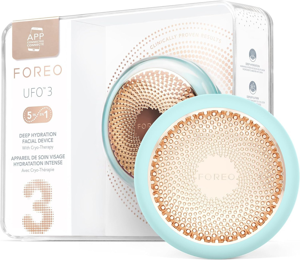 FOREO UFO 3-5-in-1 Full Facial LED Mask Treatment - Deep Moisturiser - Anti Aging Face Mask Beauty - Thermotherapy - Cryotherapy - Face Massager - Arctic Blue