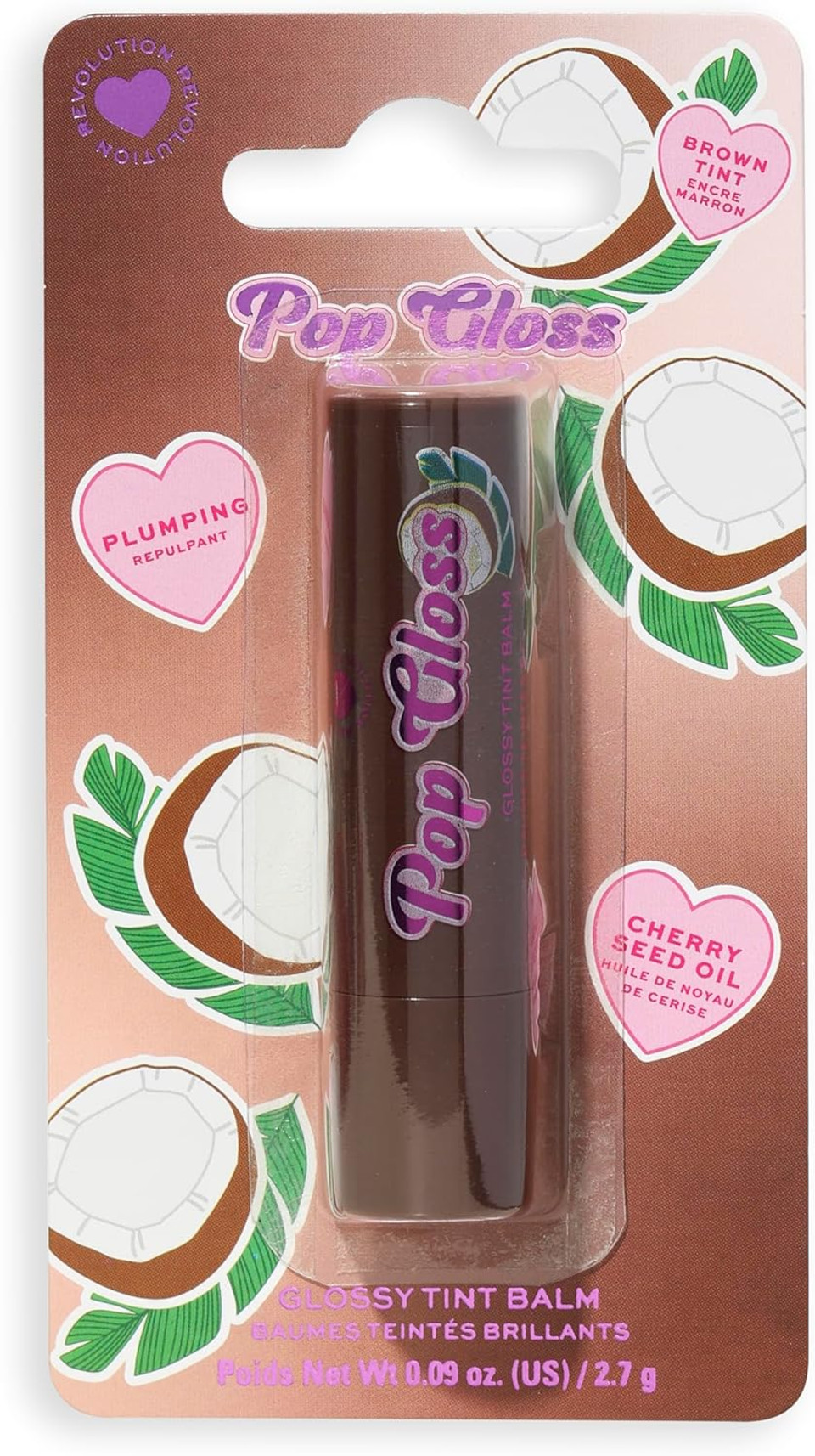 I Heart Revolution Pop Gloss Balm, Hydrating Lip Balm With Glossy Finish & Hint Of Colour, Vegan & Cruelty-Free, Coconut Brown