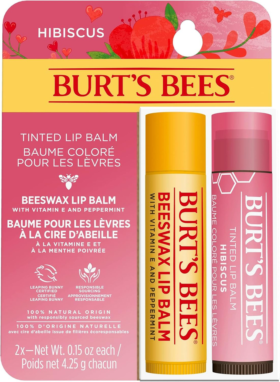 Burt's Bees Lip Balm Multipack, 2x4.25g, Pink, Pack Of 1: Moisturising Lip Balm Duo, Beeswax & Tinted in Hibiscus, Natural, Softening, Nourishing, Dry Lip Care