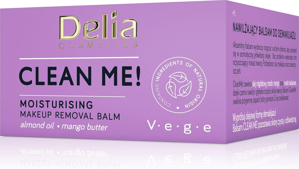 Delia Cosmetics - Clean Me - Face and Eye Makeup Removal Balm - All Skin Types - Almond Oil, Cocoa Butter, Mango Butter - Cleans, Removes Make-up, Moisturizes - Vegan Cosmetic - 40g