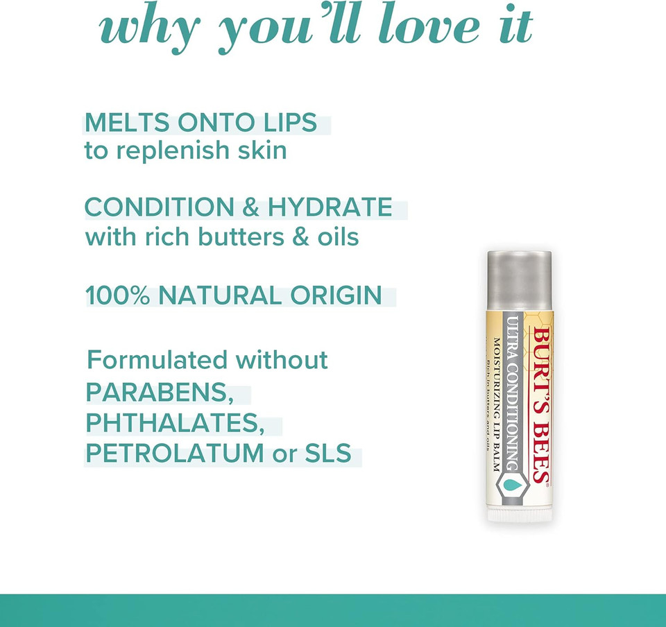 Burt's Bees Lip Balm for Dry, Chapped & Cracked Lips, Ultra Conditioning Lip Repair with Kokum, Shea, and Cocoa Butter, Unscented, 4.25g (Pack of 2)