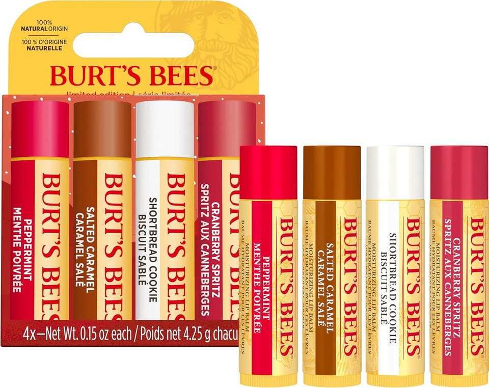 Burts Bees Lip Balm Gift Set, Shortbread Cookie, Cranberry Spritz, Salted Caramel, Peppermint, Lip Balm Multipack, 4x4.25g