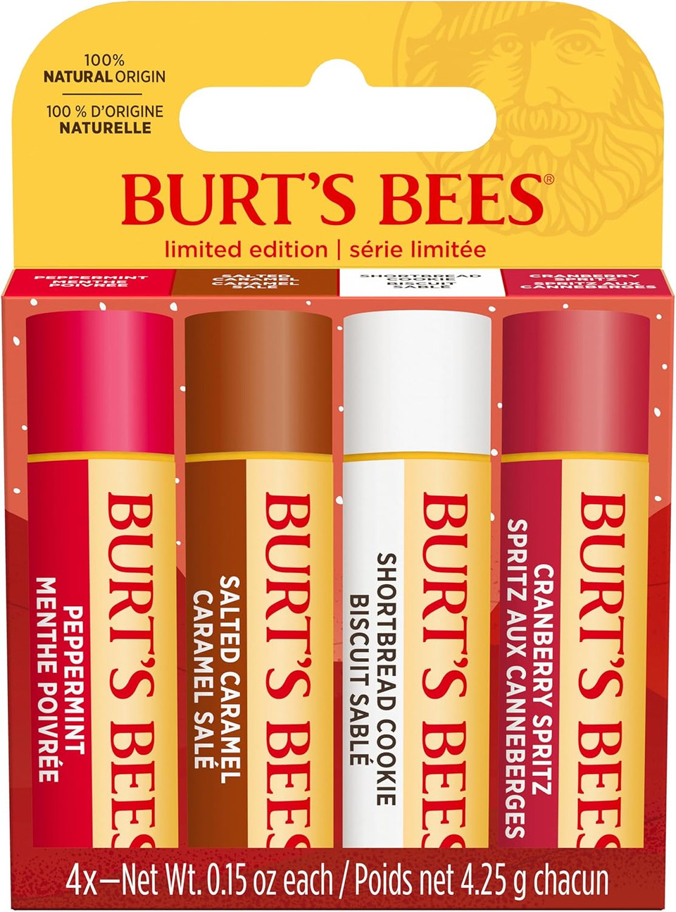 Burts Bees Lip Balm Gift Set, Shortbread Cookie, Cranberry Spritz, Salted Caramel, Peppermint, Lip Balm Multipack, 4x4.25g