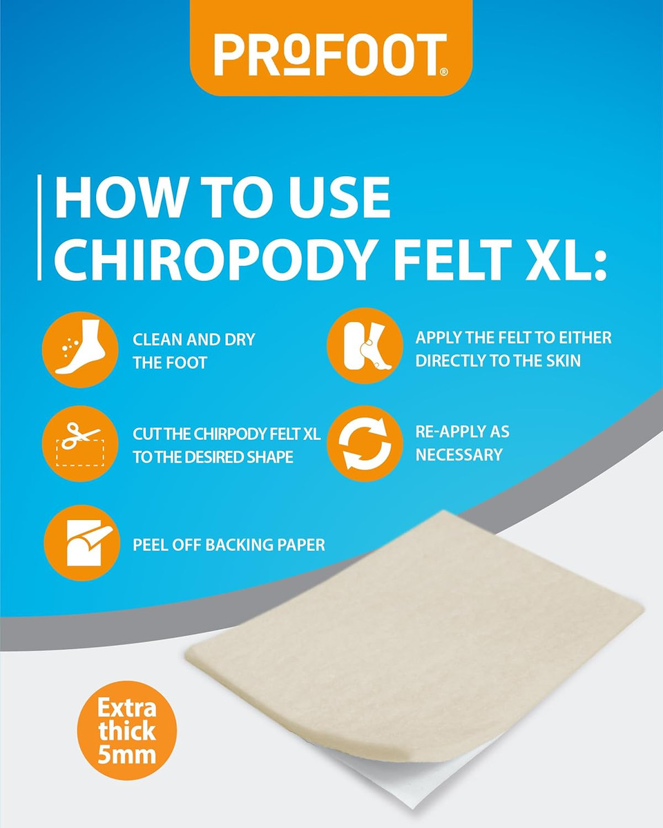 PROFOOT Chiropody Felt - Self-Adhesive Chiropody Padding for Foot Pain - Instant Relief from Pressure - Gentle on Skin - Ideal for Blisters, Bunions, Calluses & Discomfort - Pack of 2