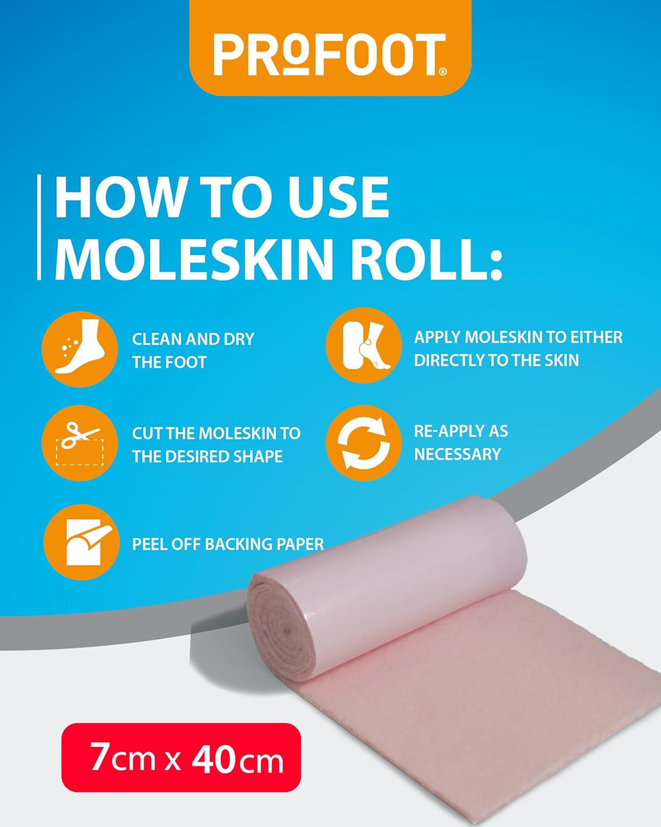 Profoot Moleskin Roll - Instant Relief for Painful Rubbing - Ideal for Blister Prevention, Bunions, Calluses and Foot Discomfort - Hypoallergenic and Waterproof - (2 Pack)