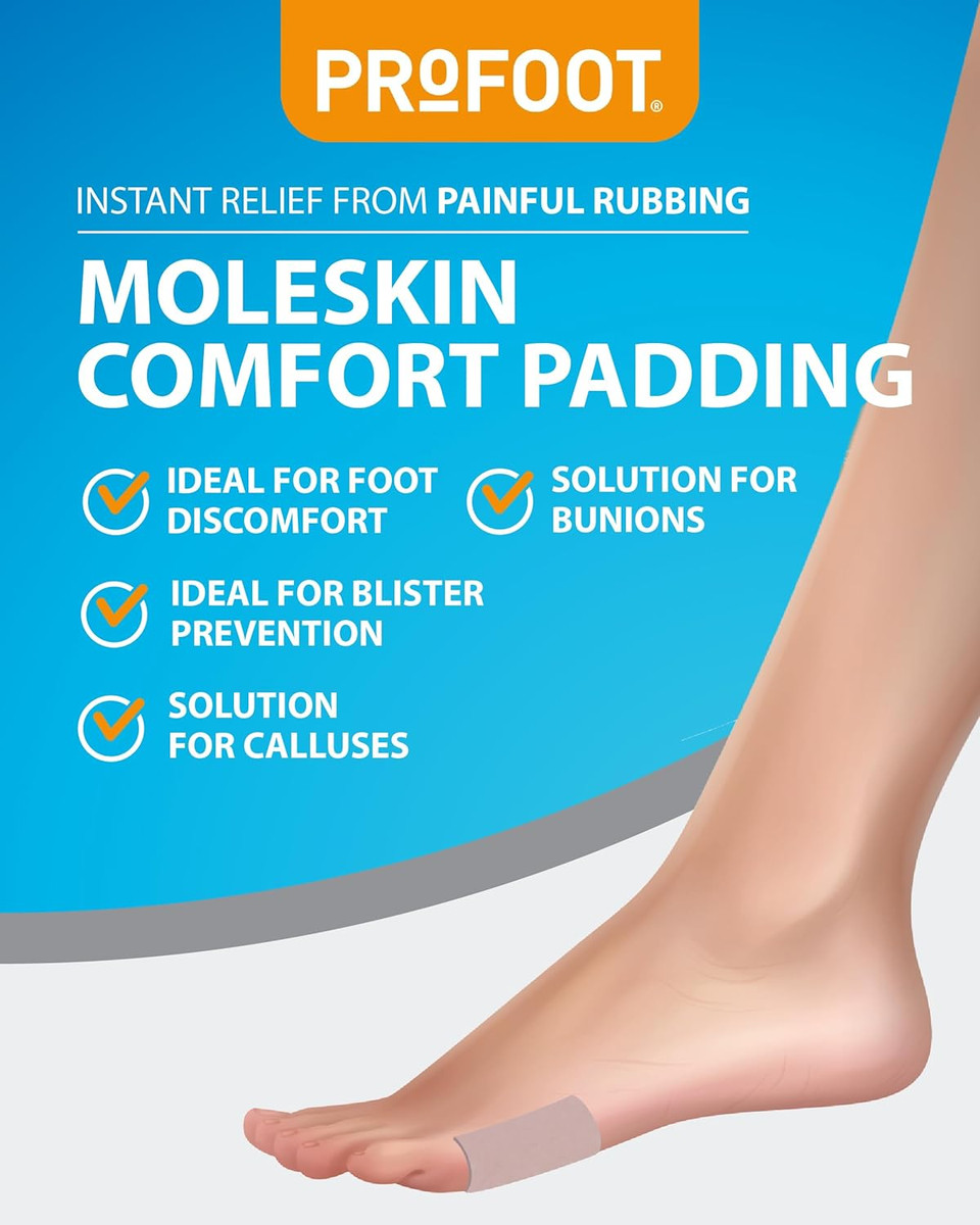 Profoot Moleskin Roll - Instant Relief for Painful Rubbing - Ideal for Blister Prevention, Bunions, Calluses and Foot Discomfort - Hypoallergenic and Waterproof - (2 Pack)