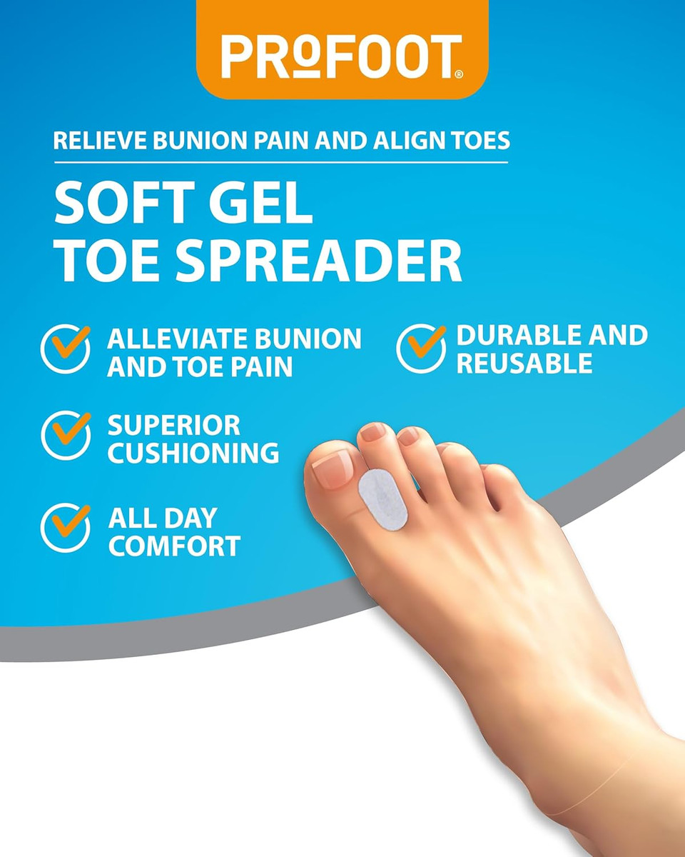 PROFOOT SoftGel Toe Spreader - Relieve Bunion Pain and Align Toes - Gentle Bunion Corrector - Washable, Reusable - 4 Pack
