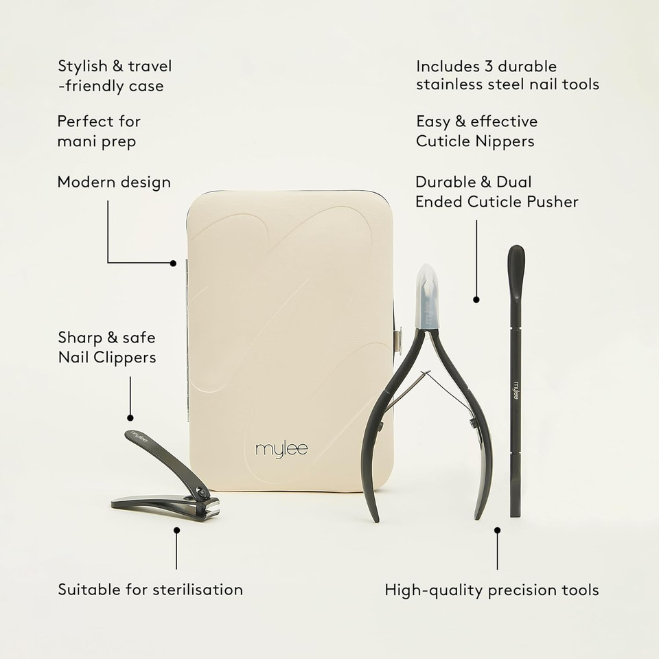 Mylee Manicare Kit  Three Professional, Sleek, Matte Black, Stainless Steel, Salon-Quality Nail Tools In One Stylish Case  Includes Cuticle Nippers, Small Nail Clipper & Dual-Ended Cuticle Pusher