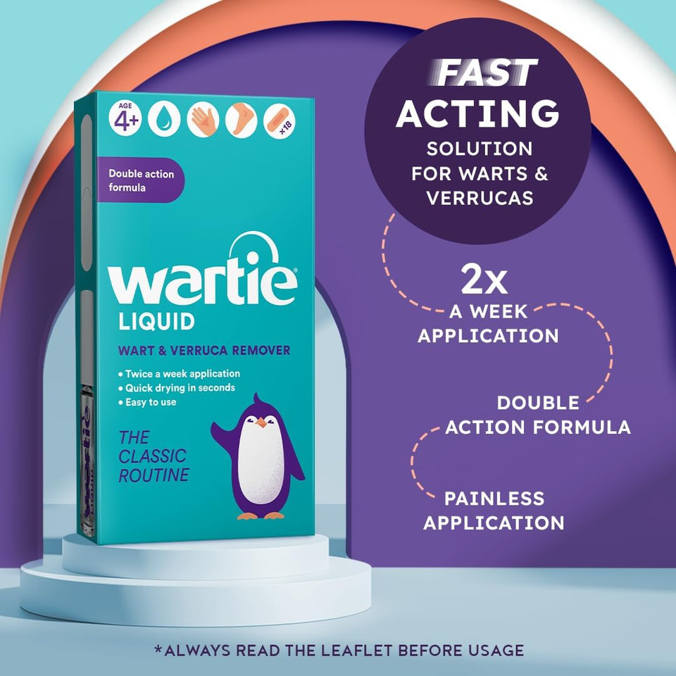 Wartie Liquid Verruca and Wart Remover - Fast Acting Wart and Verruca Treatment For Hands and Feet - Age 4+ and Adults - Fast Drying With 18 Protective Plasters Included