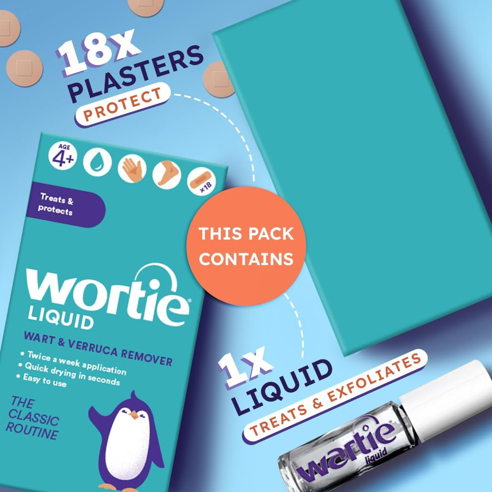 Wartie Liquid Verruca and Wart Remover - Fast Acting Wart and Verruca Treatment For Hands and Feet - Age 4+ and Adults - Fast Drying With 18 Protective Plasters Included