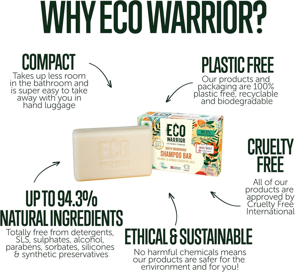 Eco Warrior Deeply Nourishing Shampoo Bar | Vegan, Cruelty Free, Natural, No SLS or Parabens | Eco Friendly Cleansing | Hydrating Pink Clay, Pure Orange & Ginger Essential Oil for Healthy Hair | 100g
