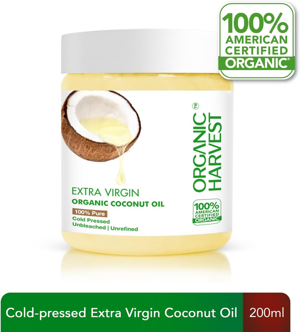 Organic Harvest Cold Pressed Extra Virgin Coconut Oil | For Hair & Skin | For Men & Women | Ideal For All Type Skin & Hair Growth | 100% American Certified Organic, Sulphate & Paraben Free - 200ml