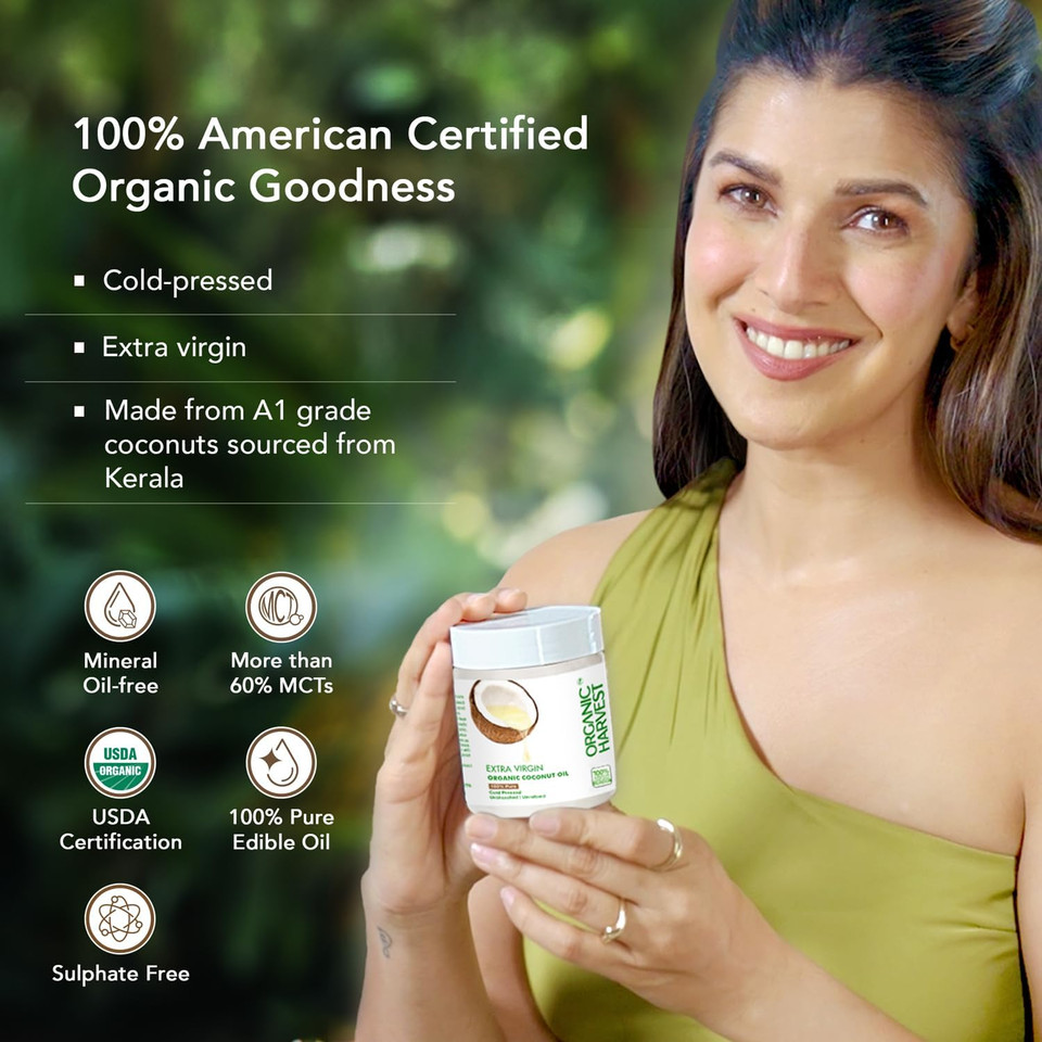 Organic Harvest Cold Pressed Extra Virgin Coconut Oil | For Hair & Skin | For Men & Women | Ideal For All Type Skin & Hair Growth | 100% American Certified Organic, Sulphate & Paraben Free - 200ml