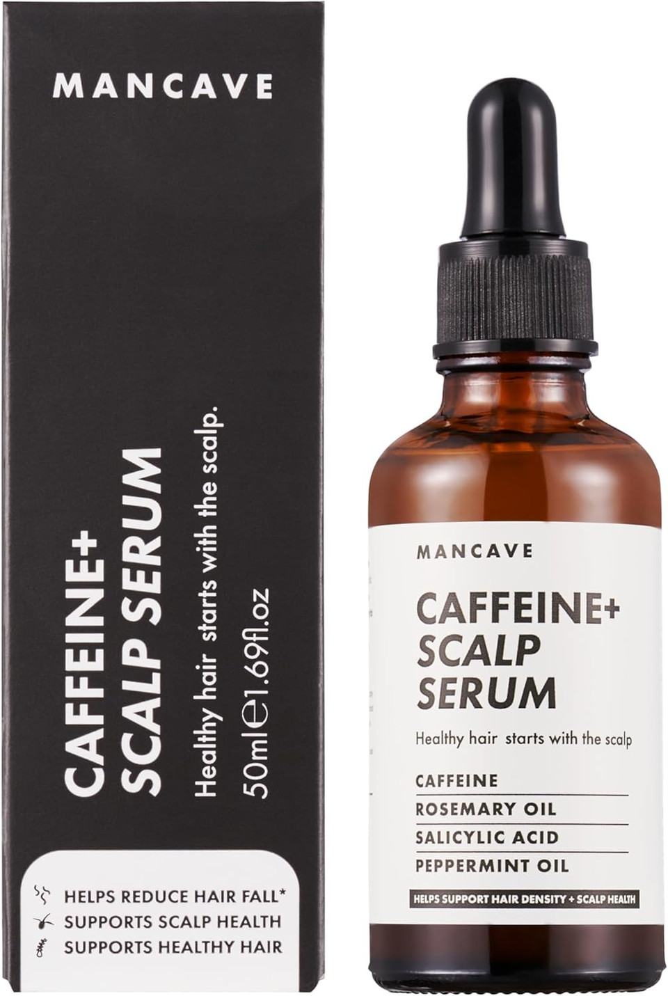 ManCave Caffeine+ Scalp Serum for Men, Stimulates and Conditions with Caffeine and Rosemary Oil, Exfoliates Dry, Flaky Scalp with Salicylic Acid, Natural, Vegan, Cruelty Free, 50 ml