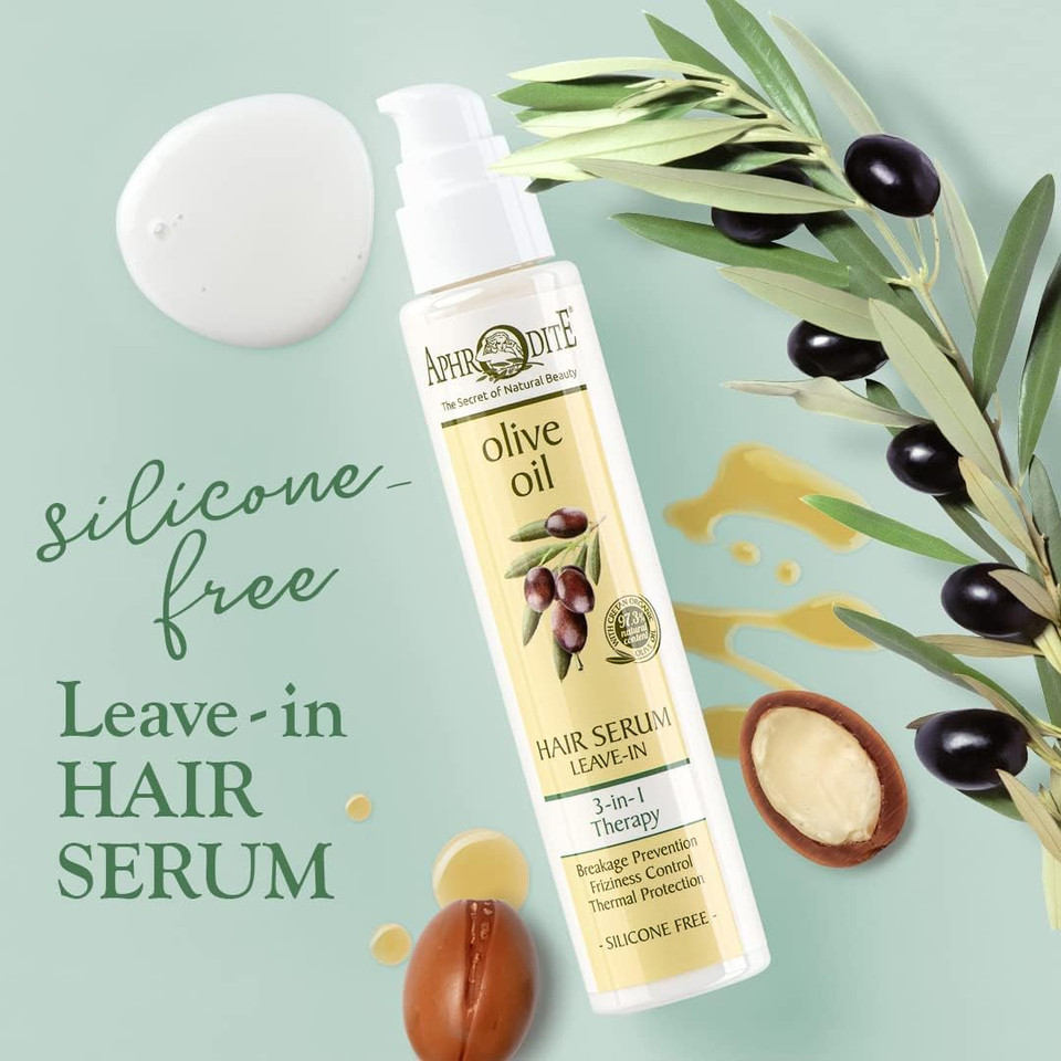 Aphrodite All-in-ONE Leave-In Hair Treatment - Organic Olive Oil and Argan Oil Infused Hair Serum to Prevent Hair Breakage and Frizziness - Anti Frizz Hair Treatment Serum - (100 ml / 3.38 fl oz)