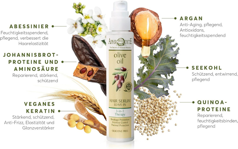 Aphrodite All-in-ONE Leave-In Hair Treatment - Organic Olive Oil and Argan Oil Infused Hair Serum to Prevent Hair Breakage and Frizziness - Anti Frizz Hair Treatment Serum - (100 ml / 3.38 fl oz)