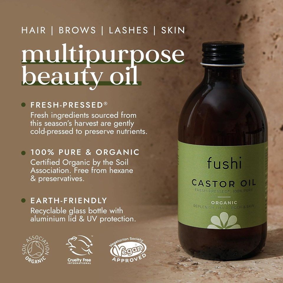 Fushi Organic Castor Oil 250ml 100% Pure Cold & Fresh-Pressed For Dry Skin & Hair Growth, Eyelashes & Eyebrows Hexane Free Natural Food-grade Sustainably Sourced (Pack of 2)