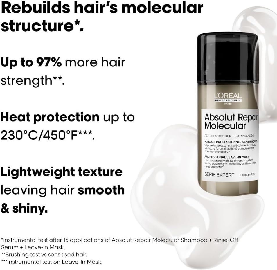 LOréal Professionnel Absolut Repair Molecular Leave-In Hair Mask 100ml, For Extremely Damaged Hair, Molecular Peptides Bond Repair, Restore Strength & Elasticity, Hair Treatment
