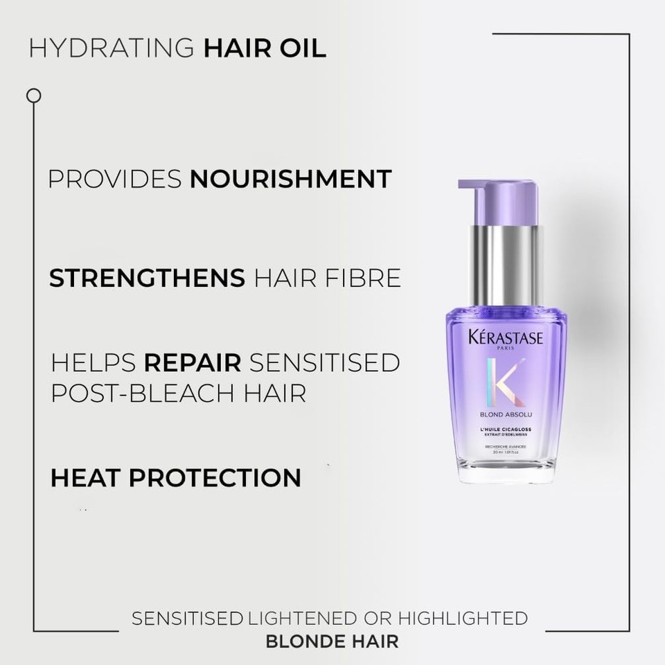 Kérastase Blond Absolu, Intense Blonde Strengthening Hair Oil, For Sensitised Lightened or Highlighted Hair, With Hyaluronic Acid & Edelweiss Flower Kérastase Blond Absolu, Intense Blonde Strengthening Hair Oil, For Sensitised Lightened or Highlighted Hair, With Hyaluronic Acid & Edelweiss Flower