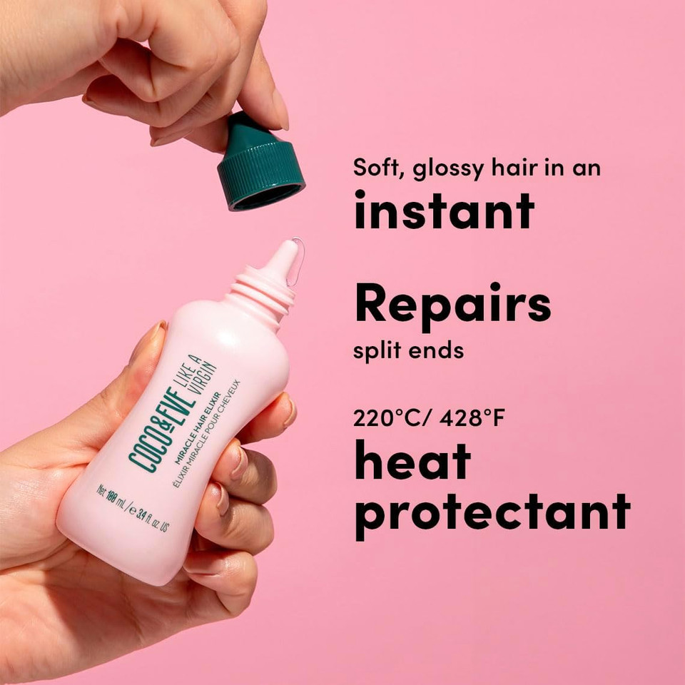 Coco & Eve Miracle Hair Elixir. Coconut Oil with Hyaluronic Acid for Hair Treatment for Dry Damaged, Frizzy Hair. Protects Hair from Heat. (100ml)