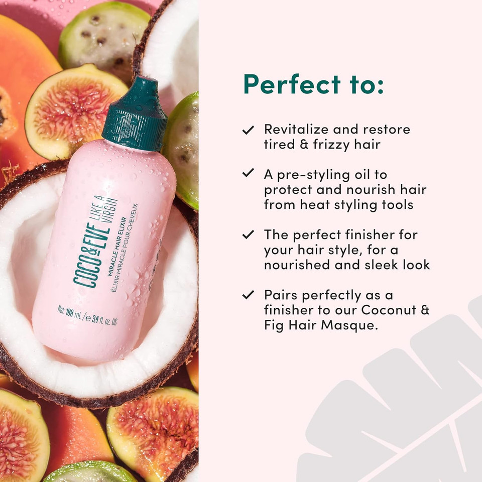 Coco & Eve Miracle Hair Elixir. Coconut Oil with Hyaluronic Acid for Hair Treatment for Dry Damaged, Frizzy Hair. Protects Hair from Heat. (100ml)