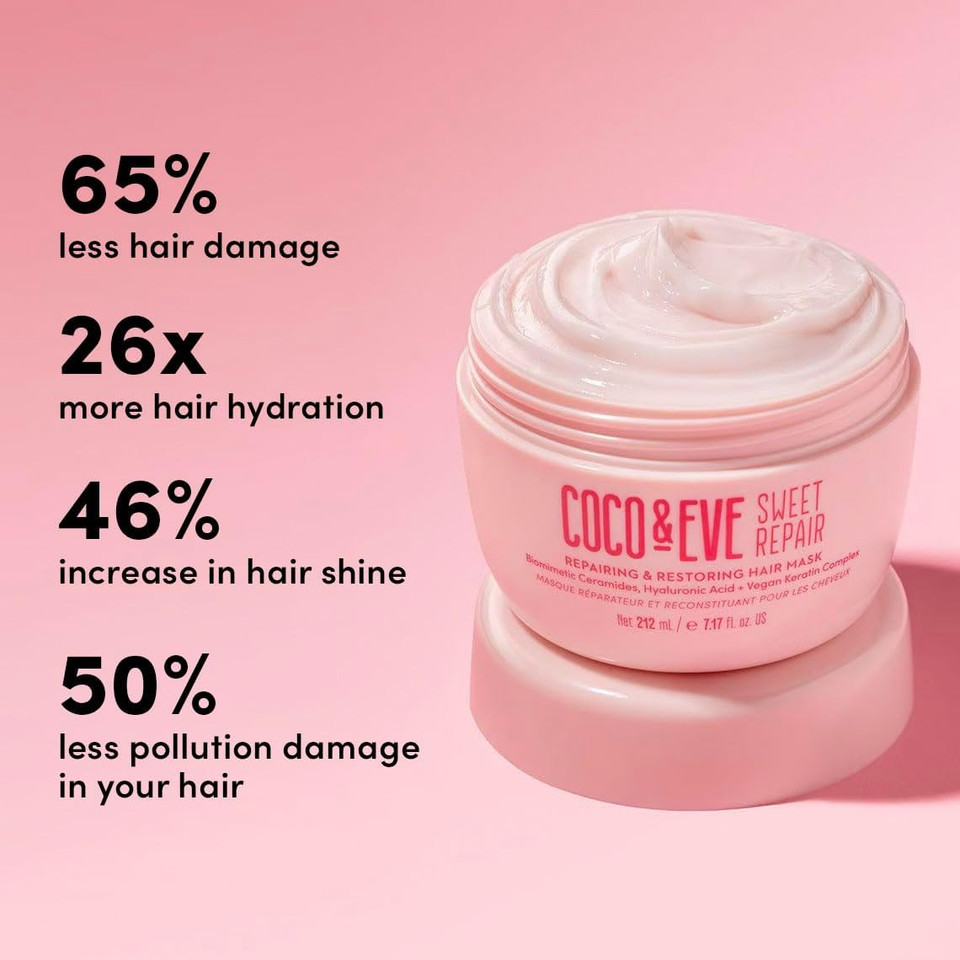 Coco & Eve Sweet Repair Repairing and Restoring Hair Mask. With Hyaluronic Acid, Vegan Keratin to Repair Dry Damaged Hair, Hydration & Shine. (212ml)