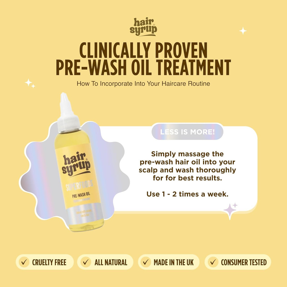 Hair Syrup | Superfoods Pre-Wash Hair Oil | Enriched with Coconut, Kiwi & Line | For Damaged, Dehydrated Hair Needing TLC | 12 Nutrient-Rich Ingredients | 100% Natural | 300ml Pump Bottle Applicator