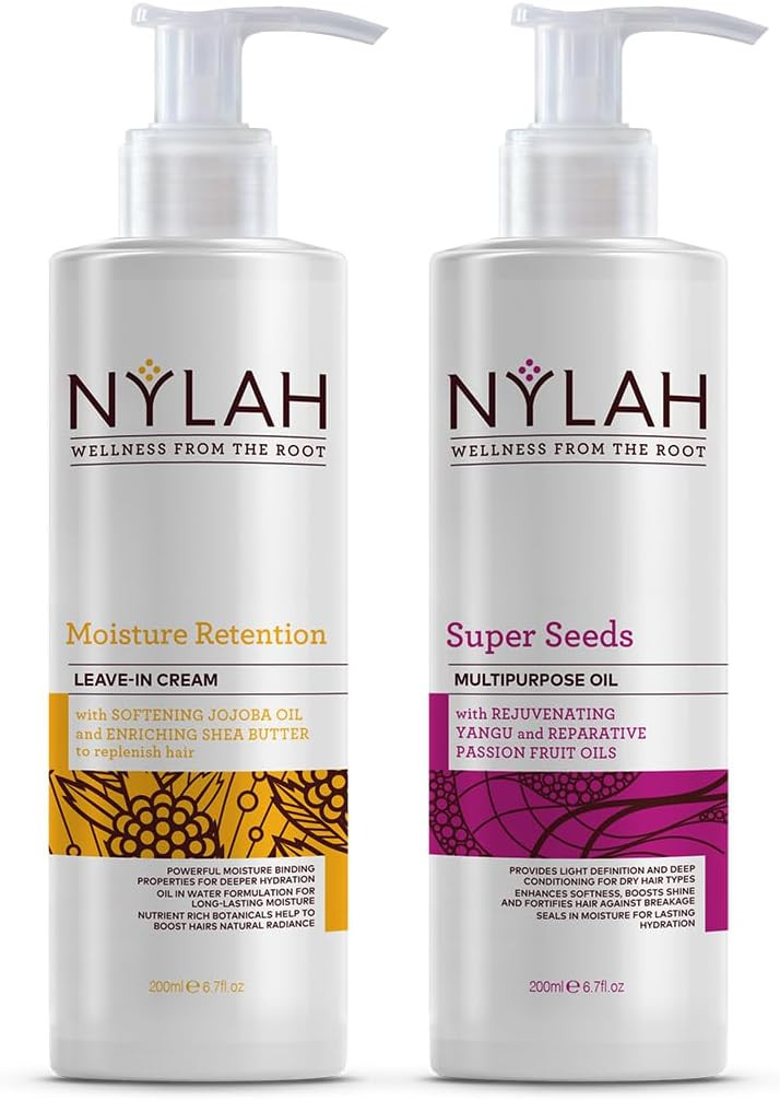 NYLAH Moistire Rertention Leave-In Cream + Super Seed Hair Oil Duo (200ml x 2) Intense Hydration & Moisture Lock for Afro & Curly Hair  Lightweight, Nourishing & Silicone-Free