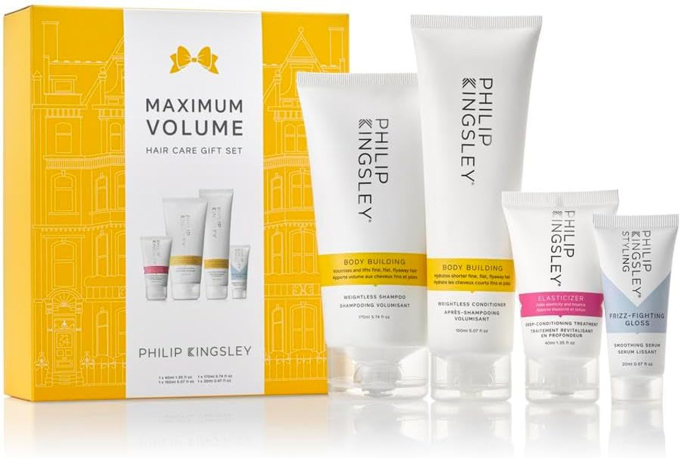 Philip Kingsley | Maximum Volume Hair Care Gift Set | Includes Elasticizer Treatment, Body Building Weightless Shampoo, Body Building Conditioner, Finishing Touch Frizz Fighting Gloss | 4 Set
