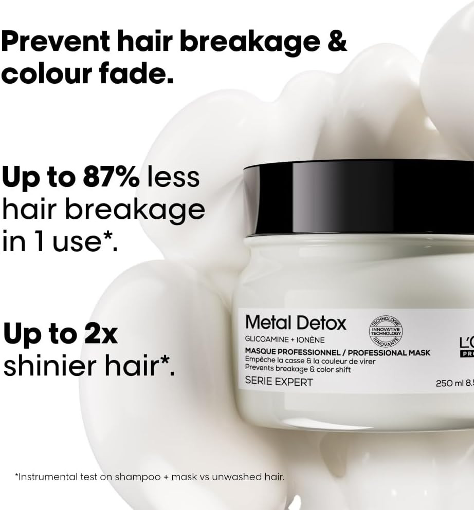 LOréal Professionnel Metal Detox Shampoo 300ml & Hair Mask 250ml, prevent breakage and colour fade from hard water, Clarifying shampoo, sulphate free & vegan, conditioner hair treatment,300ml,250ml