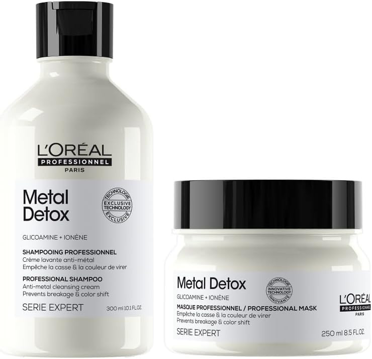 LOréal Professionnel Metal Detox Shampoo 300ml & Hair Mask 250ml, prevent breakage and colour fade from hard water, Clarifying shampoo, sulphate free & vegan, conditioner hair treatment,300ml,250ml