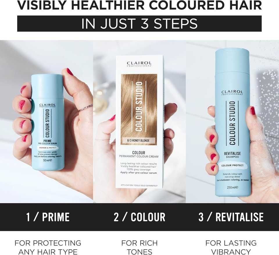 Clairol Colour Studio Permanent Colour Cream | Hair Dye | Long-lasting Rich Tones | 100% Grey Coverage | Dermatologically Tested Vegan Formula | Hair Colouring Kit | Beach Blonde 10/0 | 50ML