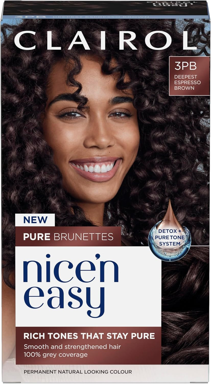 Clairol Nice n Easy Pure Brunettes Hair Colour | Pure and Rich Brown Tones | Smooth, Natural Hair Colour | With Pre-Colour Serum | 100% Grey Coverage | 3PB Deepest Espresso Brown | Permanent Hair Dye