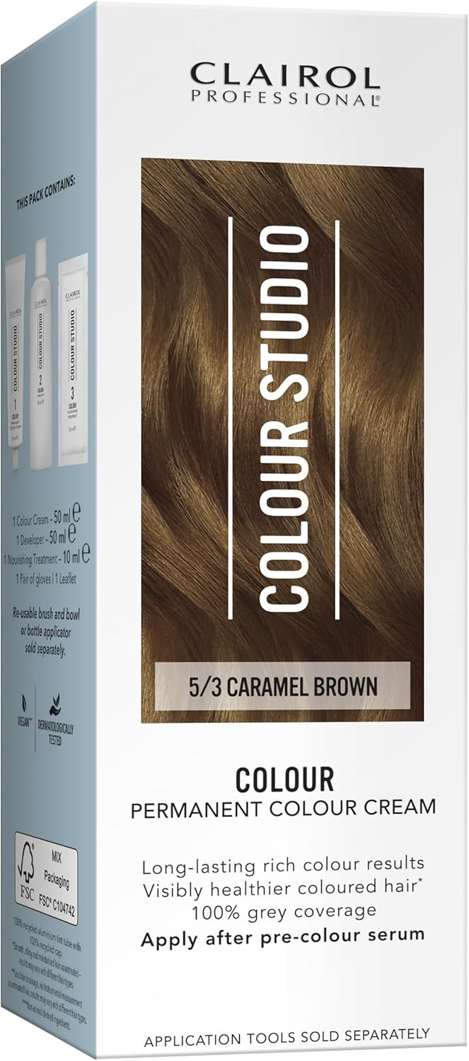 Clairol Colour Studio Permanent Colour Cream | Hair Dye | Long-lasting Rich Tones | 100% Grey Coverage | Dermatologically Tested Vegan Formula | Hair Colouring Kit | Caramel Brown 5/3 | 50ML