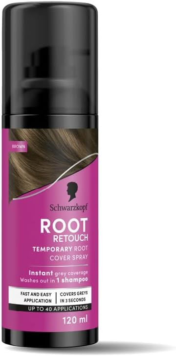Schwarzkopf Root Retouch, Instant grey root coverage spray for regrowth, sweat and rain resistant, temporary roots spray, Brown, 120 ml (Pack of 1)